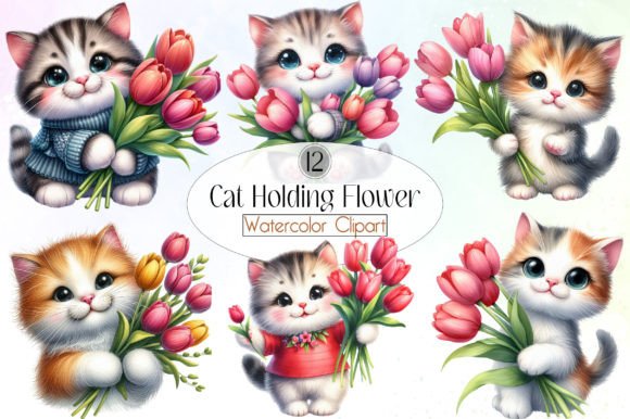Watercolor Cat Holding Flower Clipart: A Versatile Digital Asset for Creative Projects