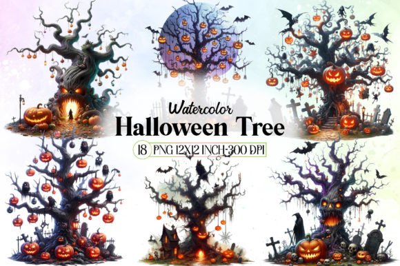 Watercolor Halloween Tree Clipart: A Creative Asset