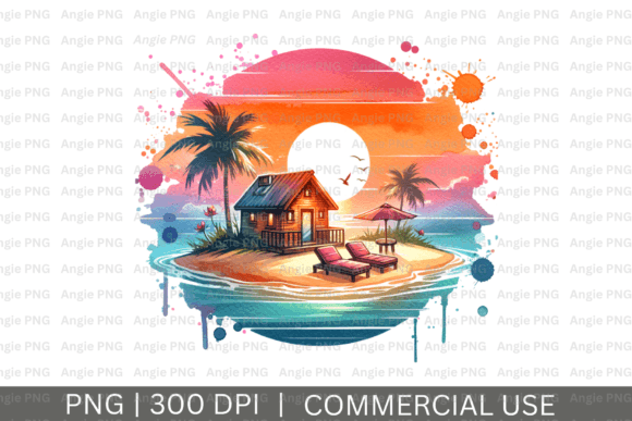 Watercolor Island Sunset PNG Clipart