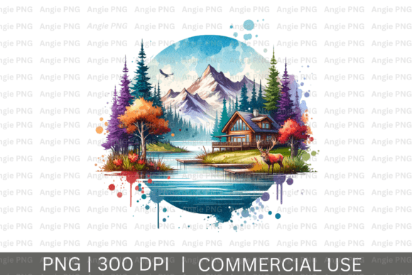 Watercolor Lake Cabin Mountains PNG