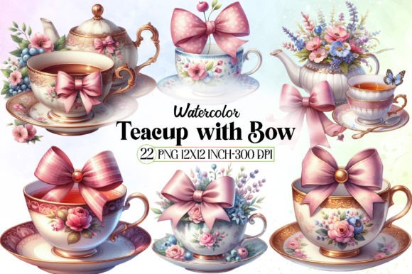 Watercolor Teacup with Bow Clipart: A Versatile Design Set for Creative Projects